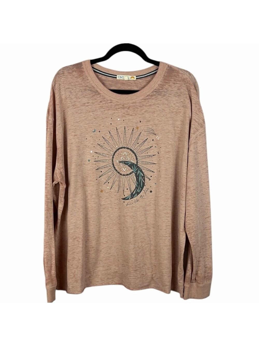 C&C California Pink Graphic Long Sleeve Tee XL Boho Sun Moon Top
